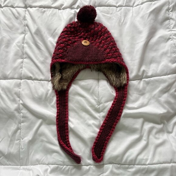 Pistil Aster Basket Weave Knit Earflap Pompom Red Festival Winter Fall Cap Hat - Picture 1 of 7